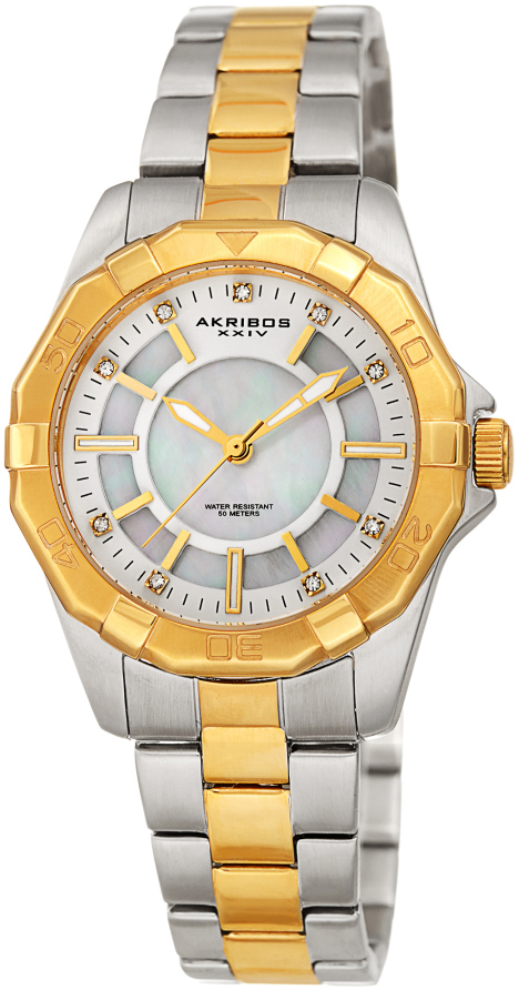 Akribos XXIV Damklocka AK1006TTG Crystal Vit/Gulguldtonat stål Ø34 - Akribos XXIV