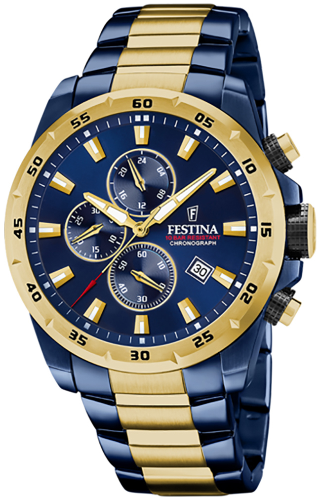 Festina Herrklocka F20564-1 Timeless Blå/Gulguldtonat stål Ø45 mm - Festina